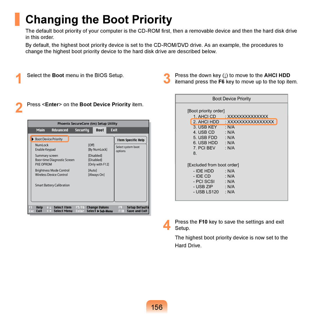 Samsung NP-SE11-FS08DE, NP-R720-JS08DE manual Changing the Boot Priority, 156, Press Enter on the Boot Device Priority item 