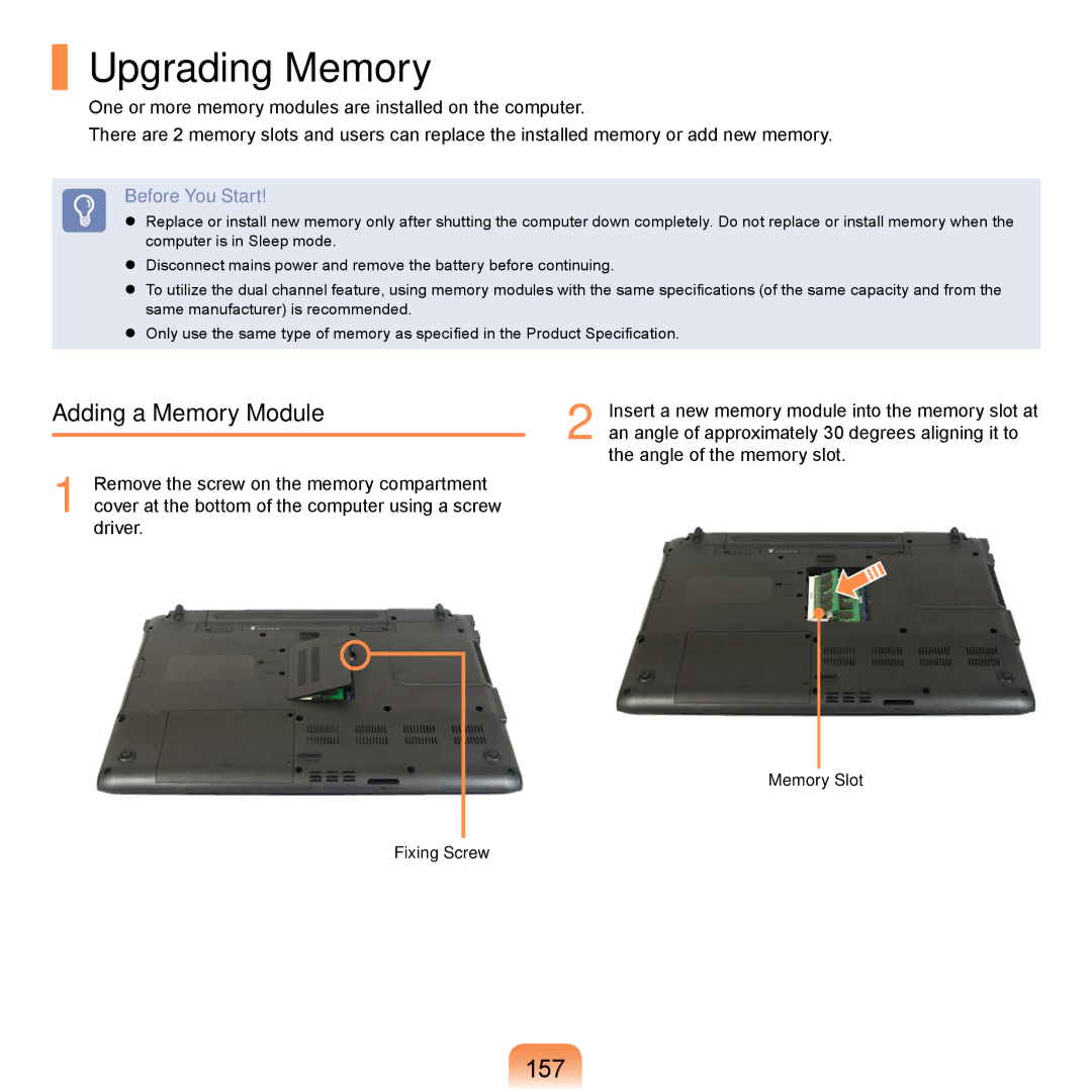 Samsung NP-X120-JA01DE, NP-R720-JS08DE manual Upgrading Memory, 157, Adding a Memory Module, Memory Slot Fixing Screw 