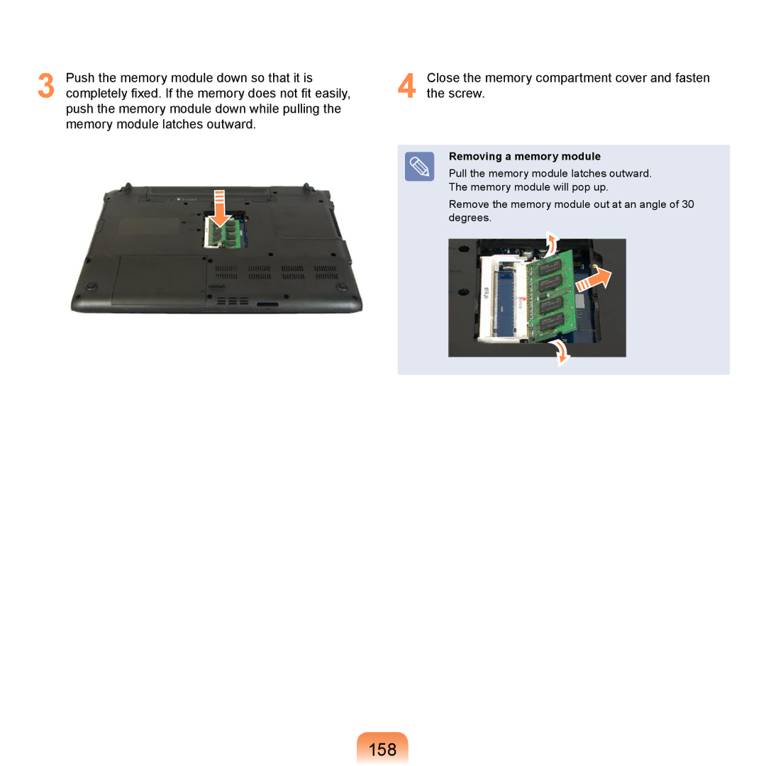 Samsung NP-X460-AS05DE, NP-R720-JS08DE, NP-R720-FS04DE, NP-R700-AS05DE, NP-R620-JS01TR manual 158, Removing a memory module 