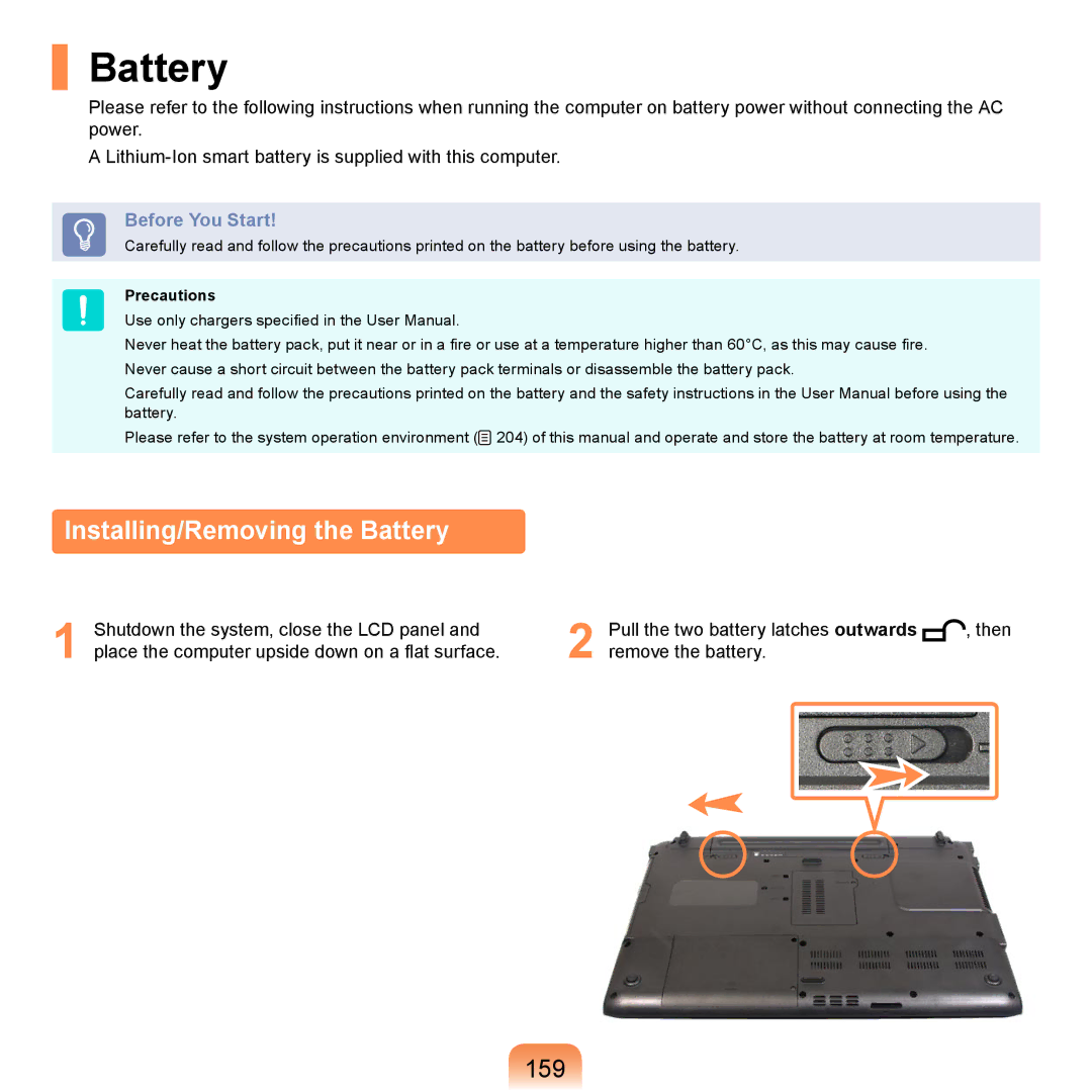 Samsung NP-X360-AA07DE, NP-R720-JS08DE, NP-R720-FS04DE, NP-R700-AS05DE Installing/Removing the Battery, 159, Precautions 