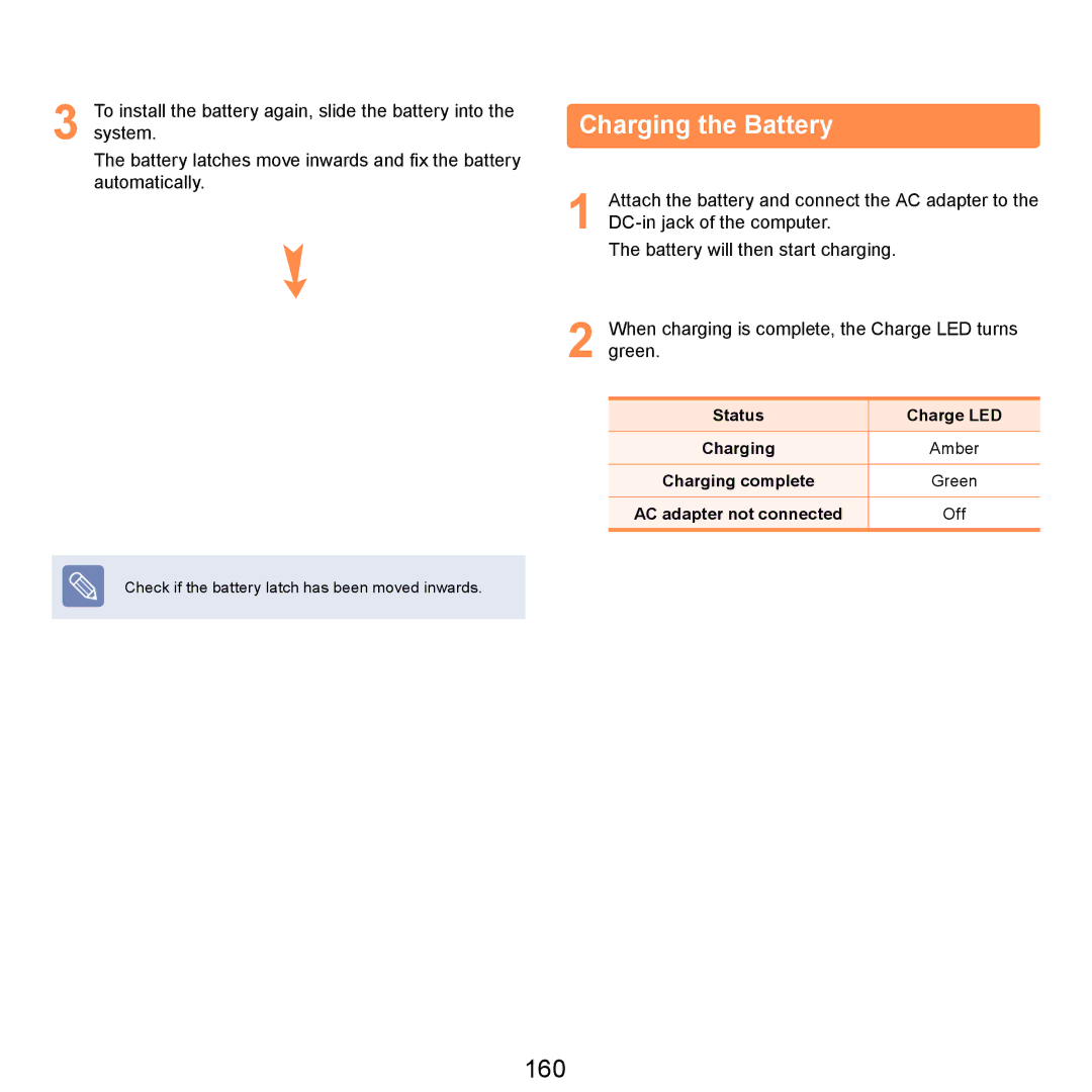 Samsung NP-X120-JA03DE, NP-R720-JS08DE manual Charging the Battery, 160, Status Charge LED Charging, Charging complete 