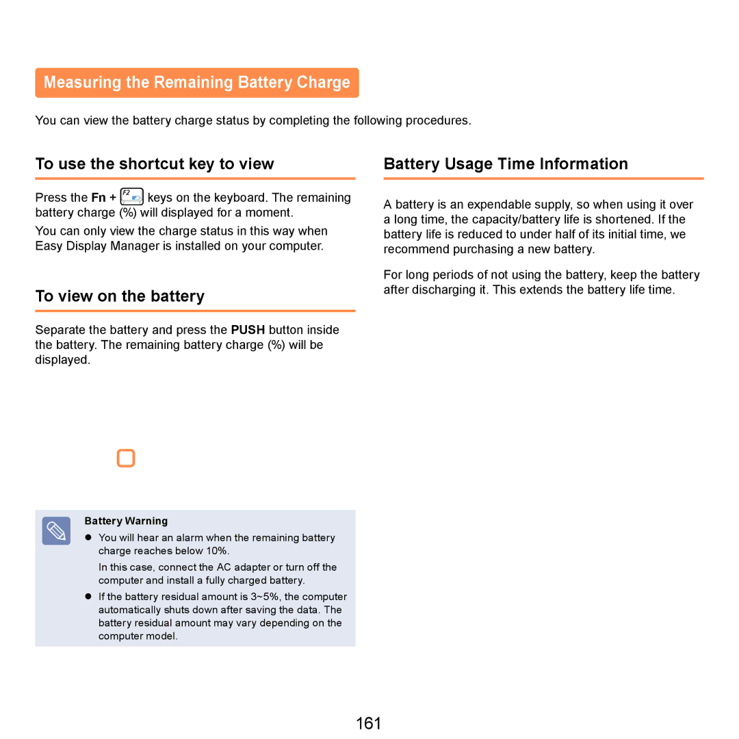 Samsung NP-X120-JA02UA, NP-R720-JS08DE manual Measuring the Remaining Battery Charge, 161, To use the shortcut key to view 