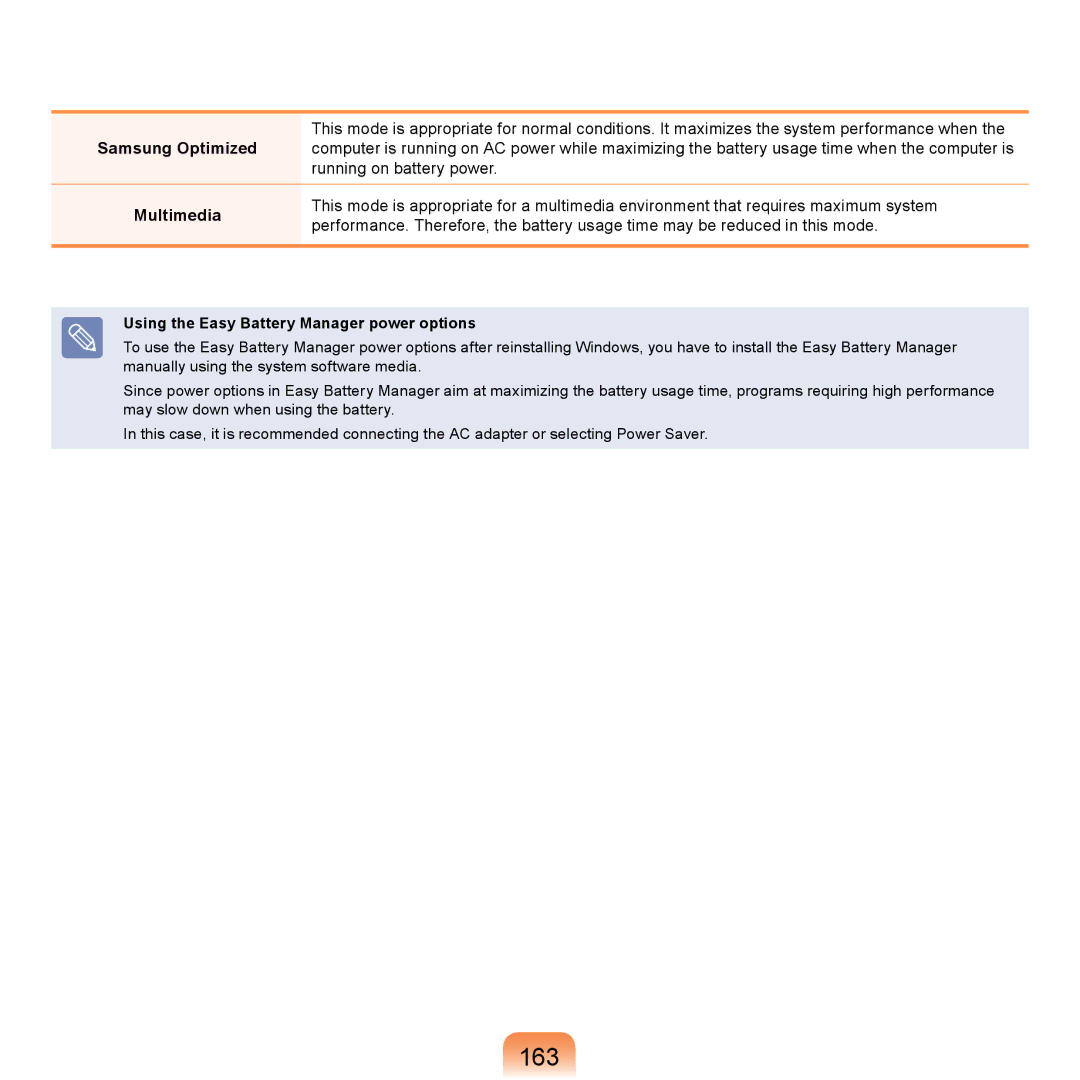 Samsung NP-X360-AA08DE, NP-R720-JS08DE, NP-R720-FS04DE 163, Samsung Optimized, Using the Easy Battery Manager power options 