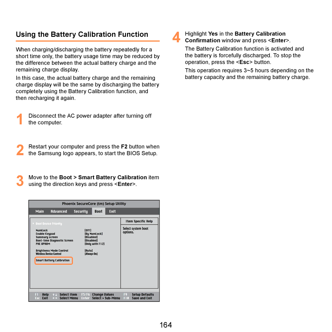 Samsung NP-X420-FA01UA, NP-E172BM/DE 164, Using the Battery Calibration Function, Highlight Yes in the Battery Calibration 