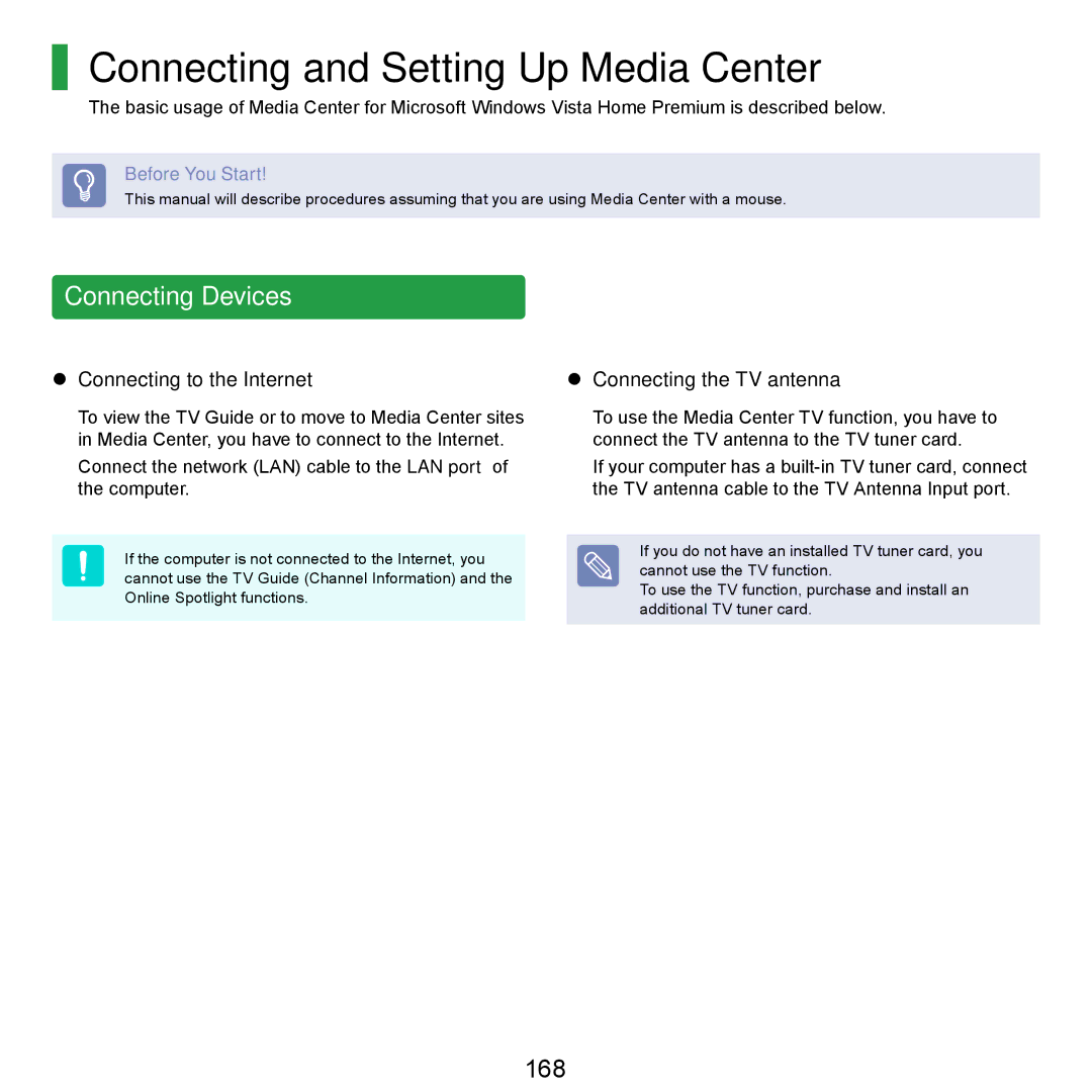 Samsung NP-R620-FS01DE, NP-R720-JS08DE, NP-R720-FS04DE manual Connecting and Setting Up Media Center, Connecting Devices, 168 