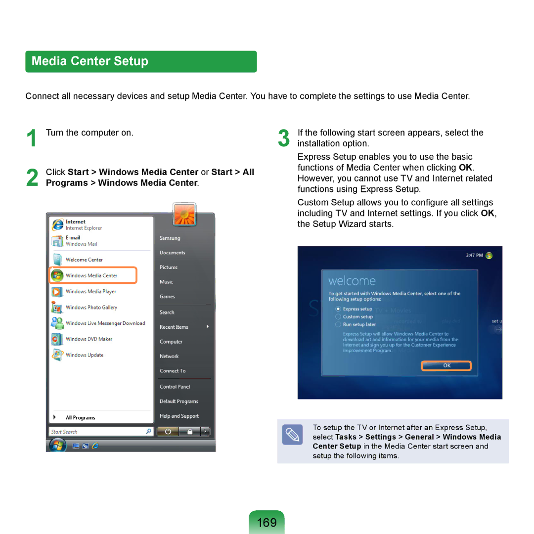 Samsung NP-R710-FS09DE, NP-R720-JS08DE, NP-E172BM/DE Media Center Setup, 169, Click Start Windows Media Center or Start All 
