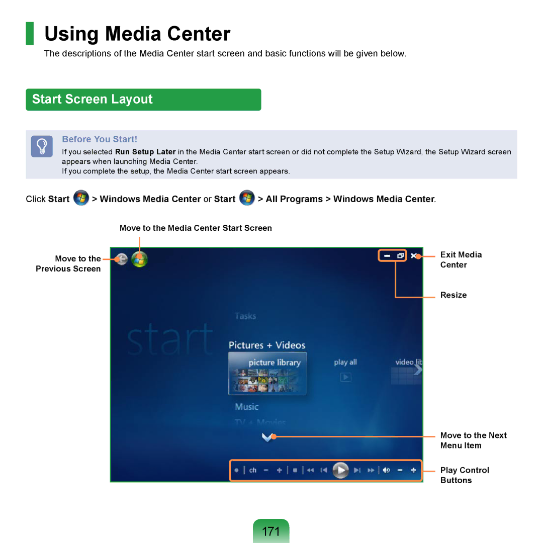 Samsung NP-R720-JS02UA, NP-R720-JS08DE, NP-R720-FS04DE, NP-R700-AS05DE manual Using Media Center, Start Screen Layout, 171 