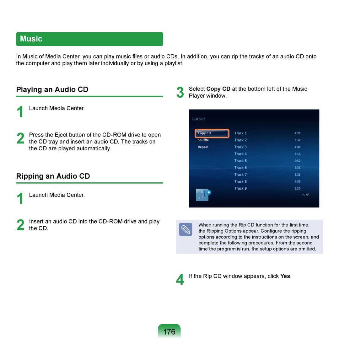 Samsung NP-X420-JA02DE, NP-R720-JS08DE, NP-R720-FS04DE, NP-R700-AS05DE, NP-R620-JS01TR manual Music, 176, Ripping an Audio CD 