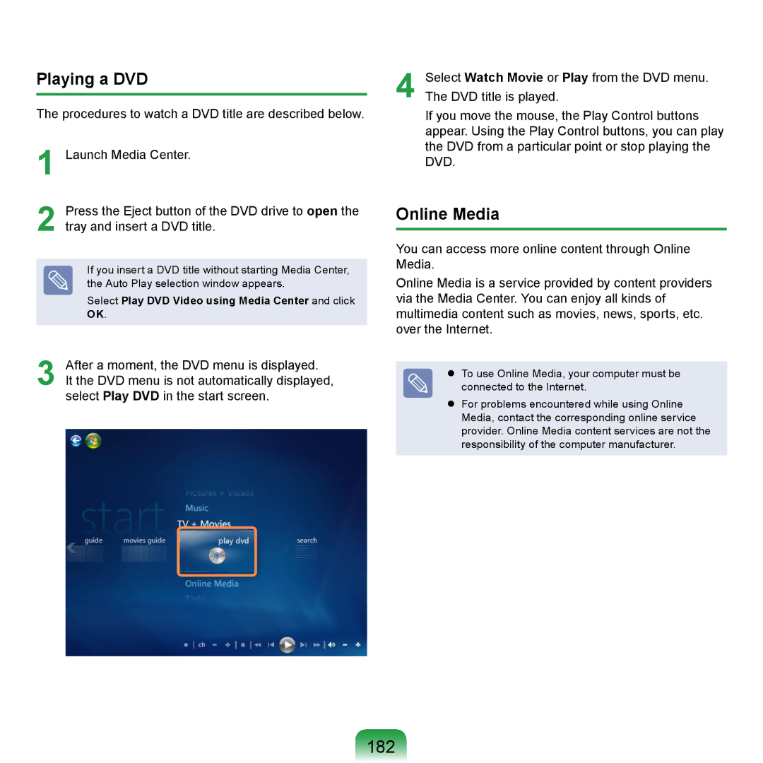 Samsung NP-P560-AA02DE, NP-R720-JS08DE manual 182, Online Media, Select Play DVD Video using Media Center and click OK 