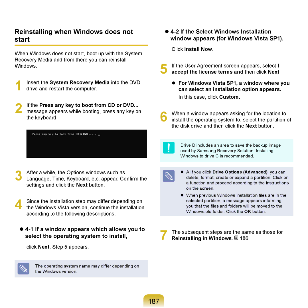 Samsung NP-R620-JS02FR manual 187, Reinstalling when Windows does not start, If the Press any key to boot from CD or DVD 
