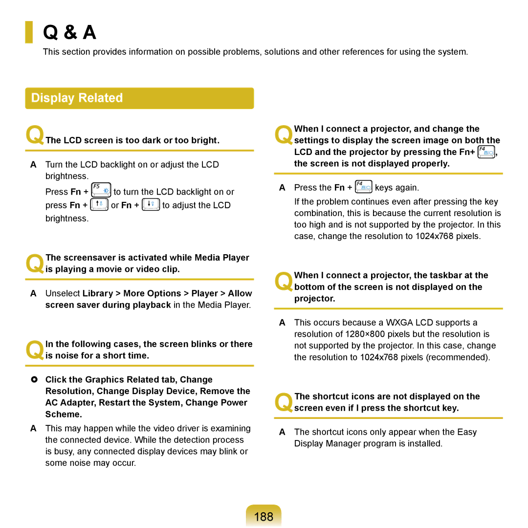 Samsung NP-R710-ASS6FR, NP-R720-JS08DE, NP-R720-FS04DE manual Display Related, 188, QThe LCD screen is too dark or too bright 