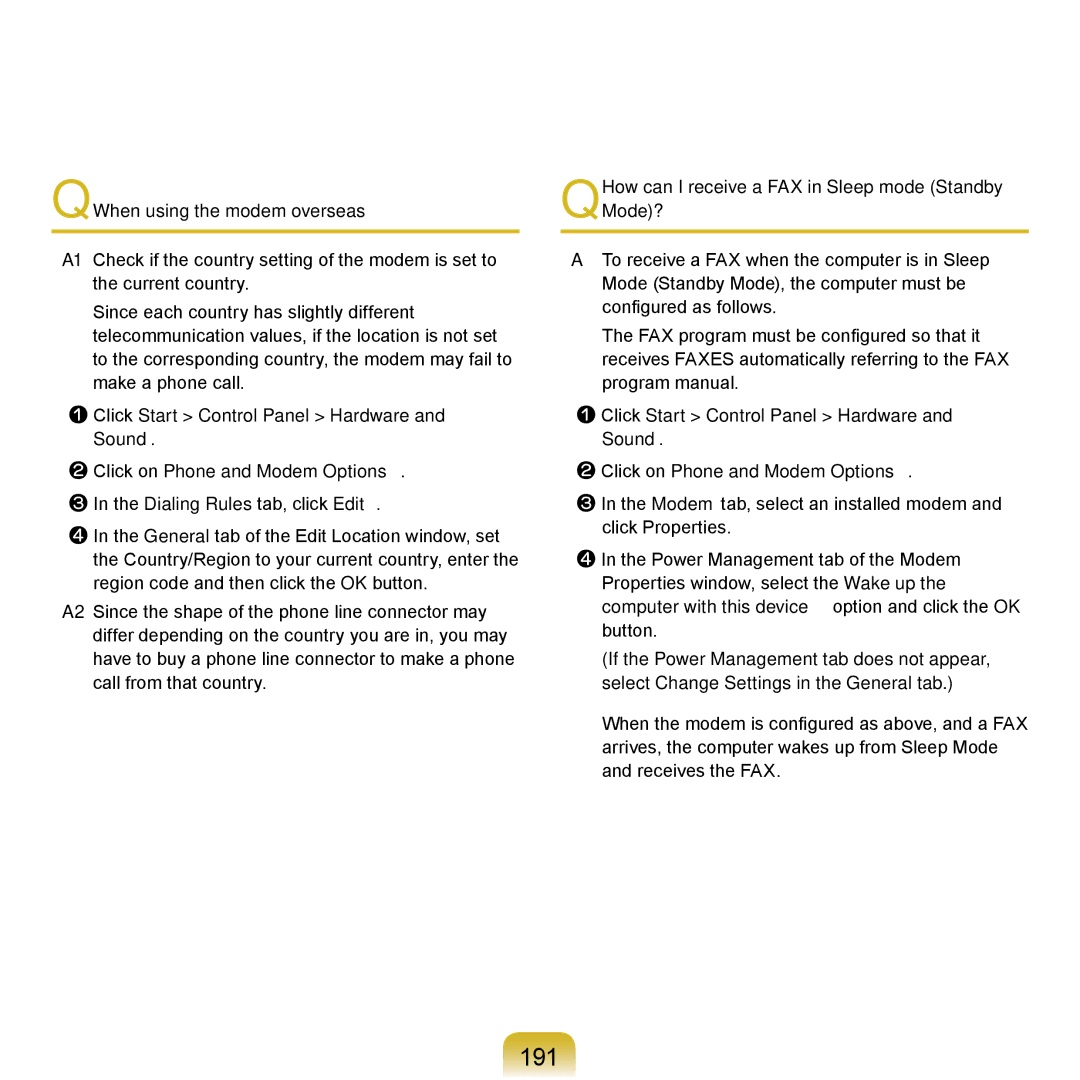 Samsung NP-R710-ASS7FR manual 191, QWhen using the modem overseas, QHow can I receive a FAX in Sleep mode Standby Mode? 