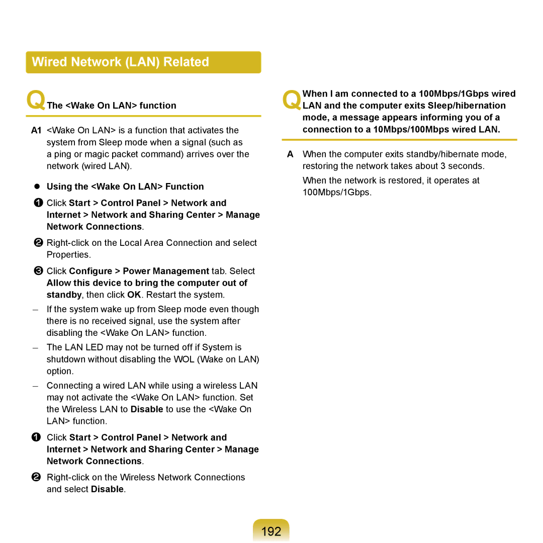 Samsung NP-R720-FS07FR, NP-R720-JS08DE, NP-R720-FS04DE manual Wired Network LAN Related, 192, QThe Wake On LAN function 