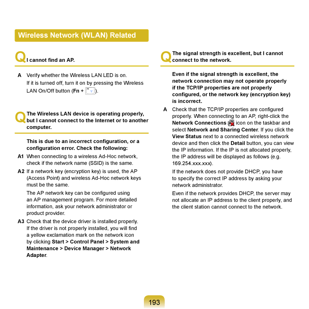 Samsung NP-X460-AS02FR, NP-R720-JS08DE, NP-R720-FS04DE manual Wireless Network Wlan Related, 193, QI cannot find an AP 