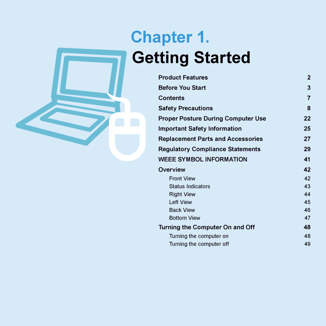 Samsung NP-R700-AS05DE, NP-R720-JS08DE, NP-R720-FS04DE manual Chapter, Turning the computer on Turning the computer off 