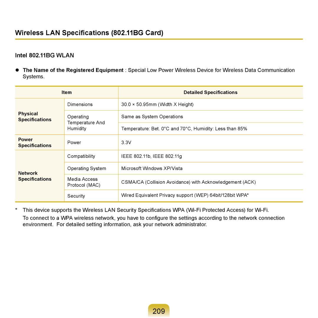 Samsung NP-R710-AS01DE, NP-R720-JS08DE, NP-R720-FS04DE, NP-R700-AS05DE manual 209, Wireless LAN Specifications 802.11BG Card 