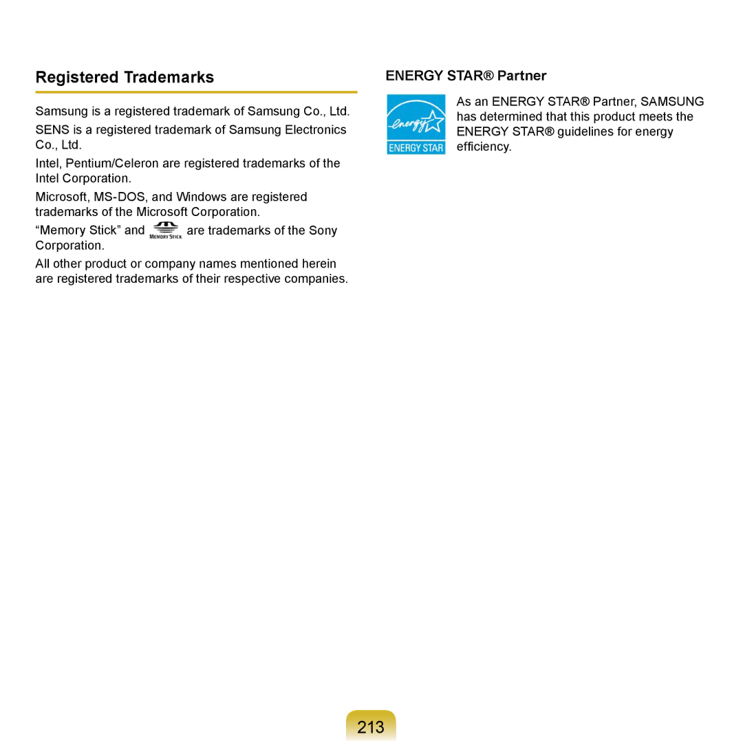 Samsung NP-R700-AS02FR, NP-R720-JS08DE, NP-R720-FS04DE, NP-R700-AS05DE, NP-R620-JS01TR manual 213, Registered Trademarks 