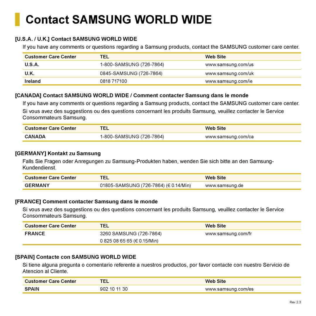 Samsung NP-R700-A002FR, NP-R720-JS08DE, NP-R720-FS04DE A. / U.K. Contact Samsung World Wide, Germany Kontakt zu Samsung 