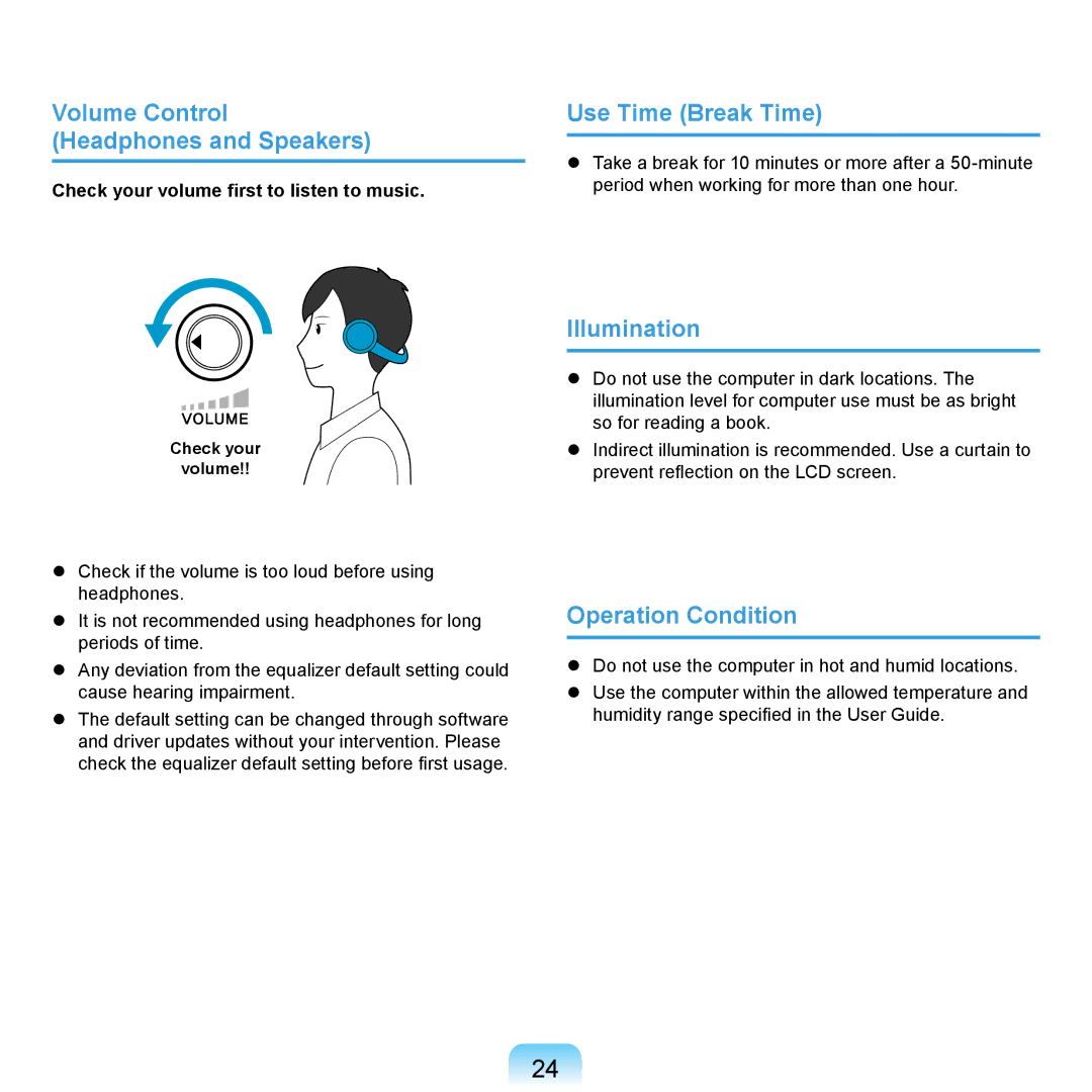 Samsung NP-P560-AA03DE Volume Control Headphones and Speakers, Use Time Break Time, Illumination, Operation Condition 