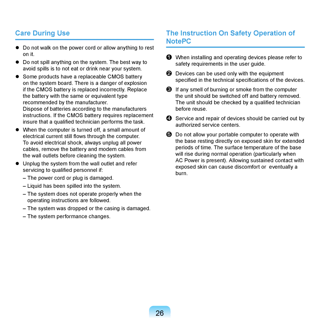 Samsung NP-X420-FA01DE, NP-R720-JS08DE, NP-R720-FS04DE manual Care During Use, Instruction On Safety Operation of NotePC 