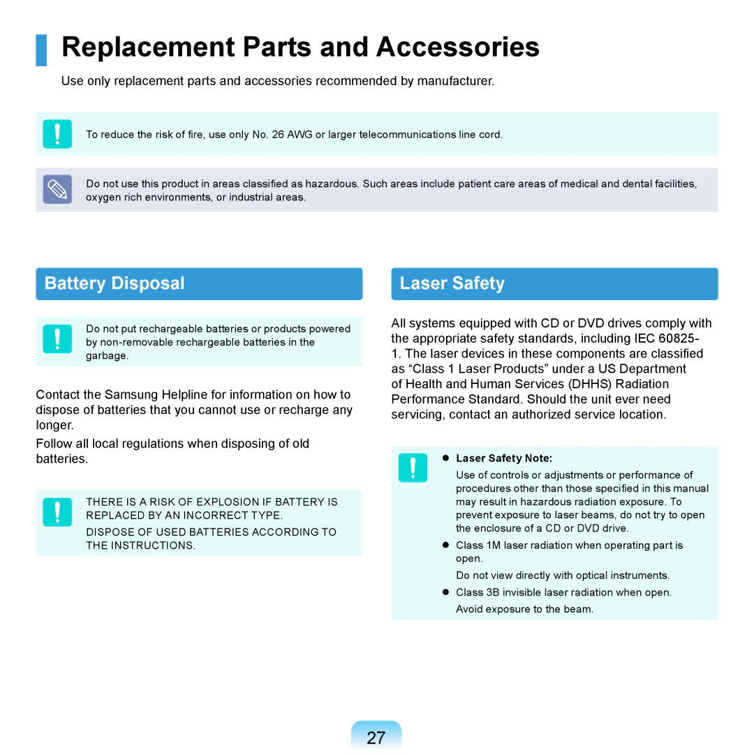 Samsung NP-X420-FA04DE, NP-R720-JS08DE manual Replacement Parts and Accessories, Battery Disposal,  Laser Safety Note 