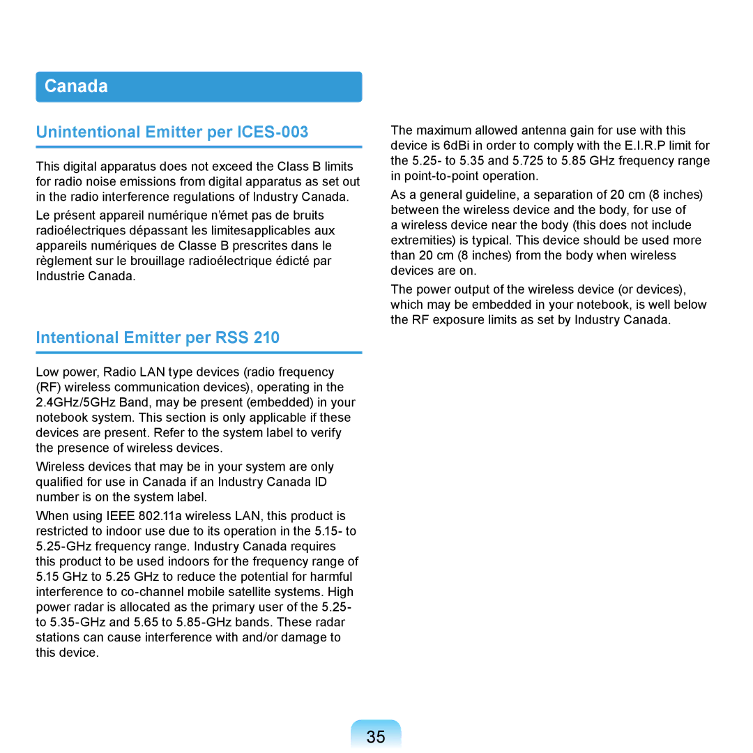 Samsung NP-SE11-FS02DE, NP-R720-JS08DE manual Canada, Unintentional Emitter per ICES-003, Intentional Emitter per RSS 