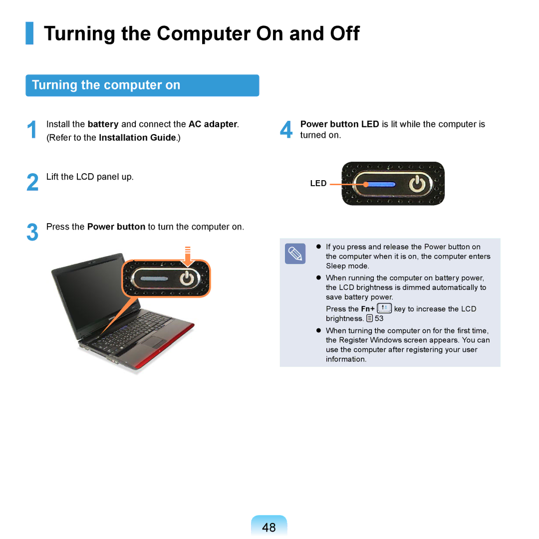 Samsung NP-R720-FS01DE, NP-R720-JS08DE, NP-R720-FS04DE manual Turning the Computer On and Off, Turning the computer on 