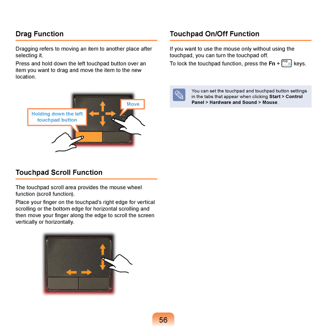 Samsung NP-R700-FS01DE, NP-R720-JS08DE, NP-R720-FS04DE Drag Function, Touchpad On/Off Function, Touchpad Scroll Function 