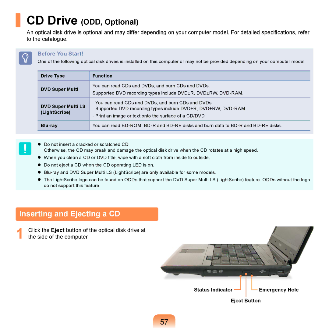 Samsung NP-R720-FS01UA, NP-R720-JS08DE manual Inserting and Ejecting a CD, Status Indicator Emergency Hole Eject Button 