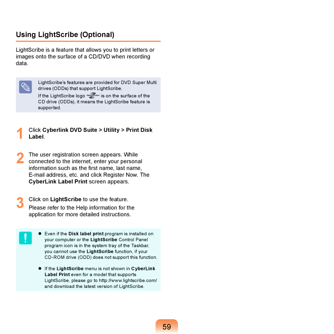 Samsung NP-R710-FS05DE, NP-R720-JS08DE manual Using LightScribe Optional, Click Cyberlink DVD Suite Utility Print Disk Label 