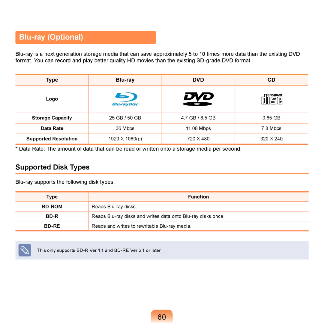 Samsung NP-R710-AS0BDE, NP-R720-JS08DE, NP-R720-FS04DE, NP-R700-AS05DE Blu-ray Optional, Supported Disk Types, Type Blu-ray 