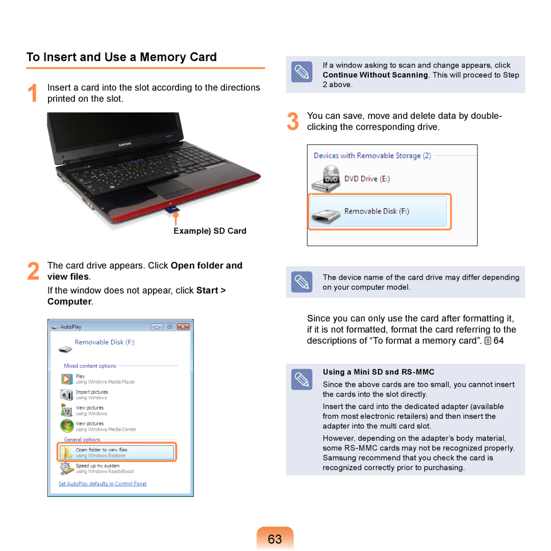 Samsung NP-R710-AA01DE, NP-R720-JS08DE manual To Insert and Use a Memory Card, Example SD Card, Using a Mini SD snd RS-MMC 