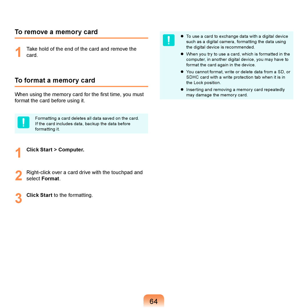 Samsung NP-R505EBM/DE, NP-R720-JS08DE, NP-X360ABM/DE To remove a memory card, To format a memory card, Click Start Computer 