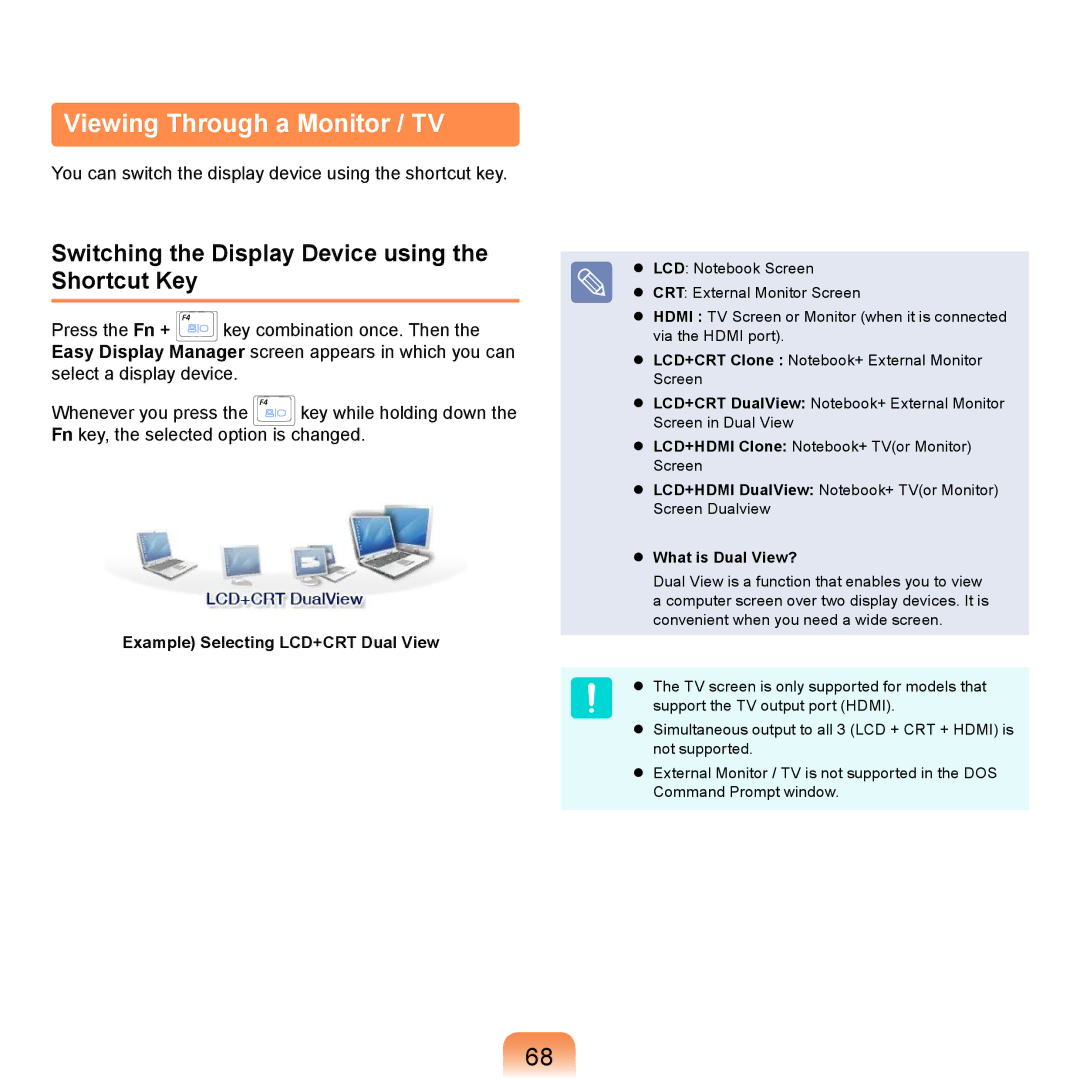 Samsung NP-E172-FS03DE, NP-R720-JS08DE Viewing Through a Monitor / TV, Switching the Display Device using the Shortcut Key 