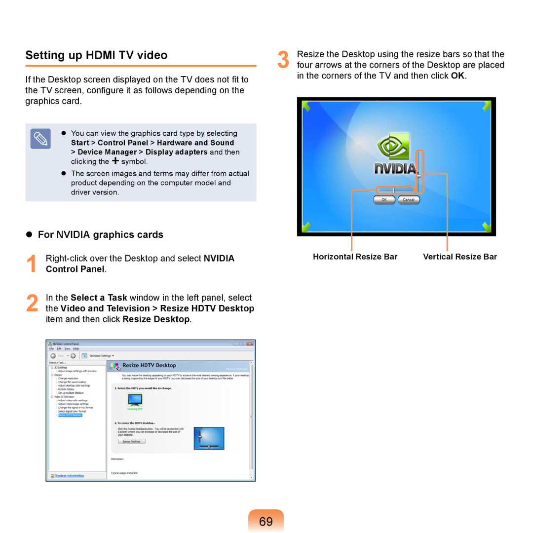 Samsung NP-P560-ASY1DE, NP-R720-JS08DE, NP-R720-FS04DE Setting up Hdmi TV video, Horizontal Resize Bar Vertical Resize Bar 