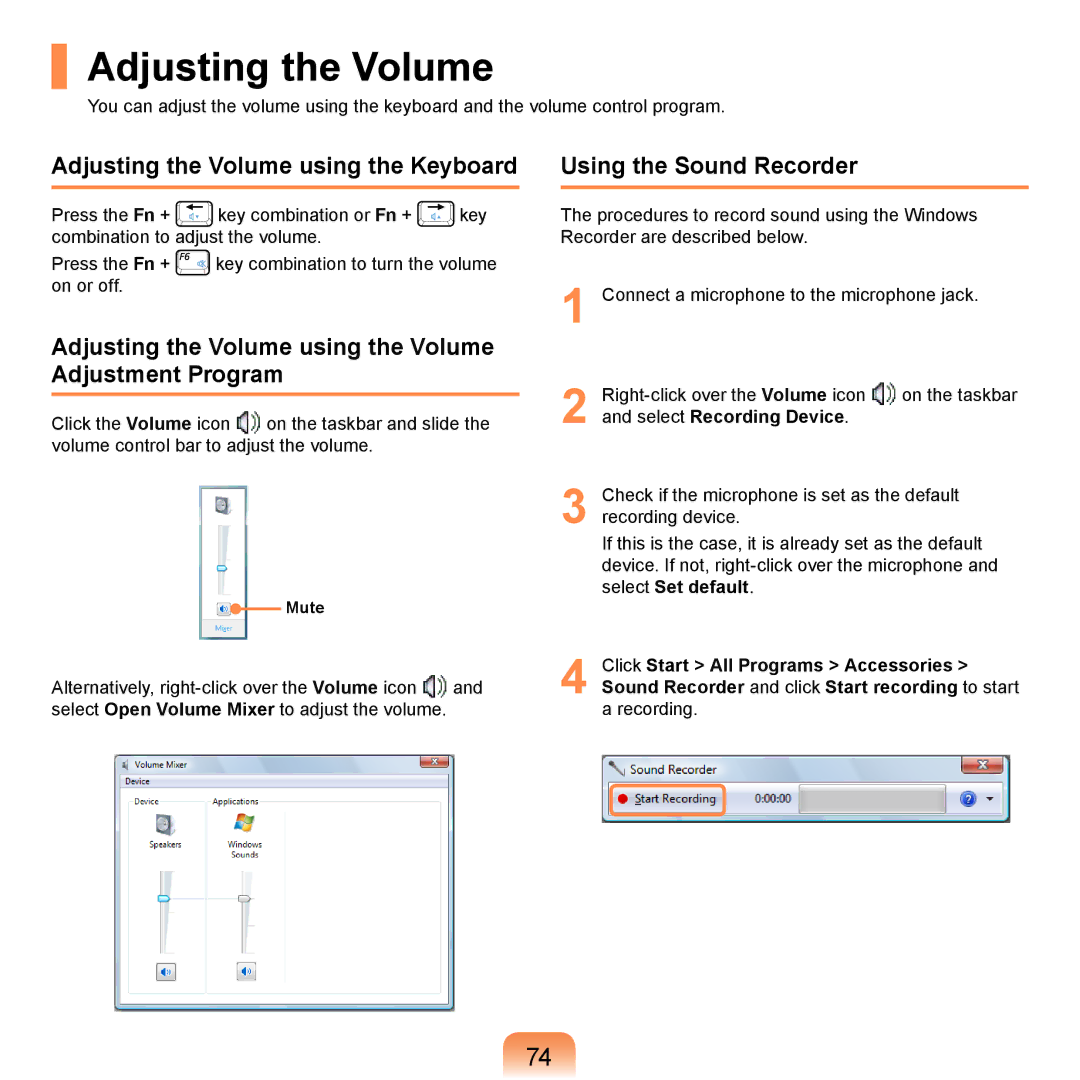 Samsung NP-P560-AS02DE Adjusting the Volume using the Keyboard, Using the Sound Recorder, Select Recording Device 