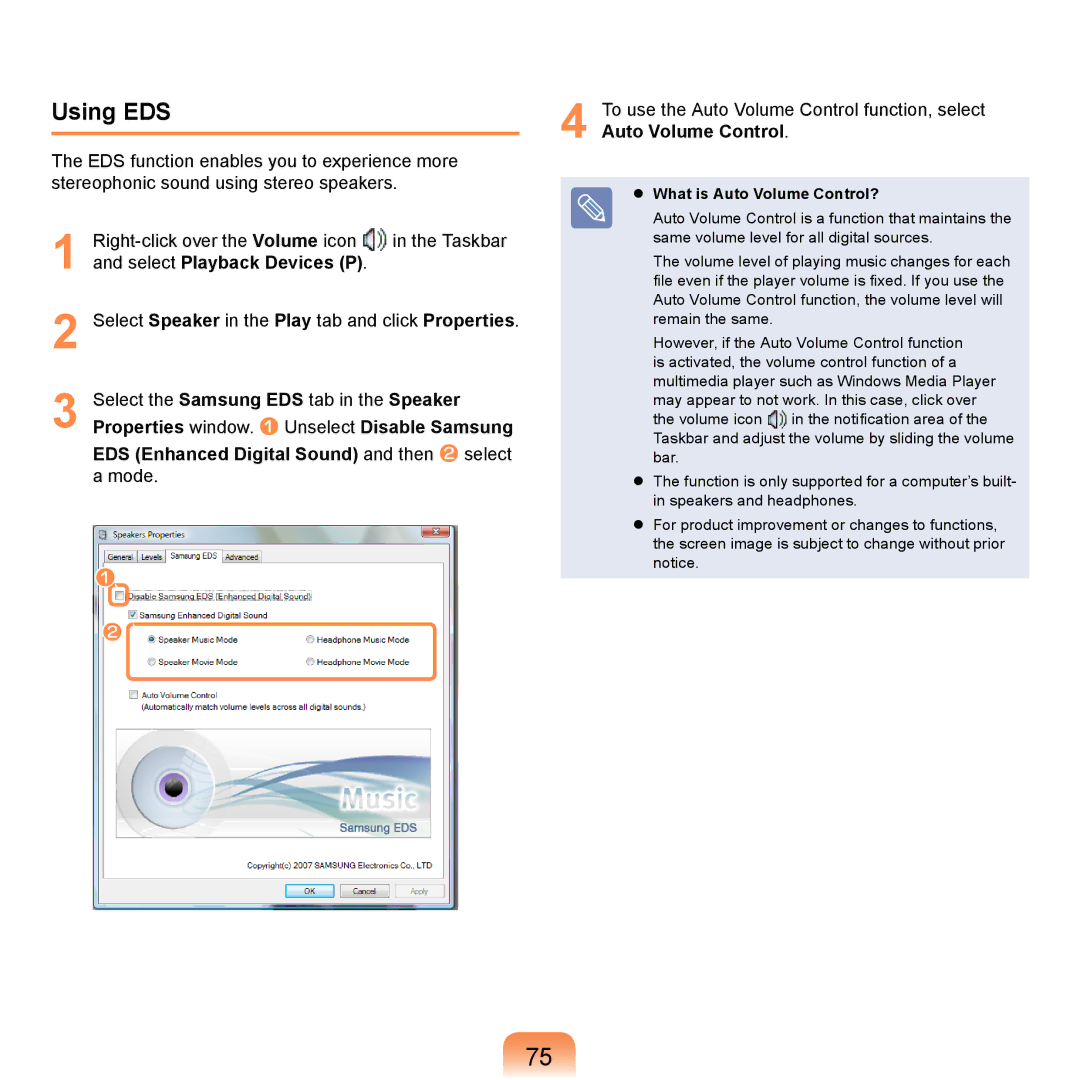 Samsung NP-P460-AA01DE, NP-R720-JS08DE, NP-R720-FS04DE manual Using EDS, Auto Volume Control, Select Playback Devices P 