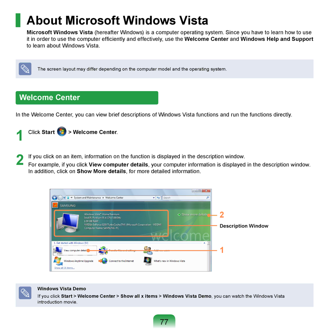 Samsung NP-E172-AS01DE, NP-R720-JS08DE, NP-R720-FS04DE About Microsoft Windows Vista, Welcome Center, Description Window 