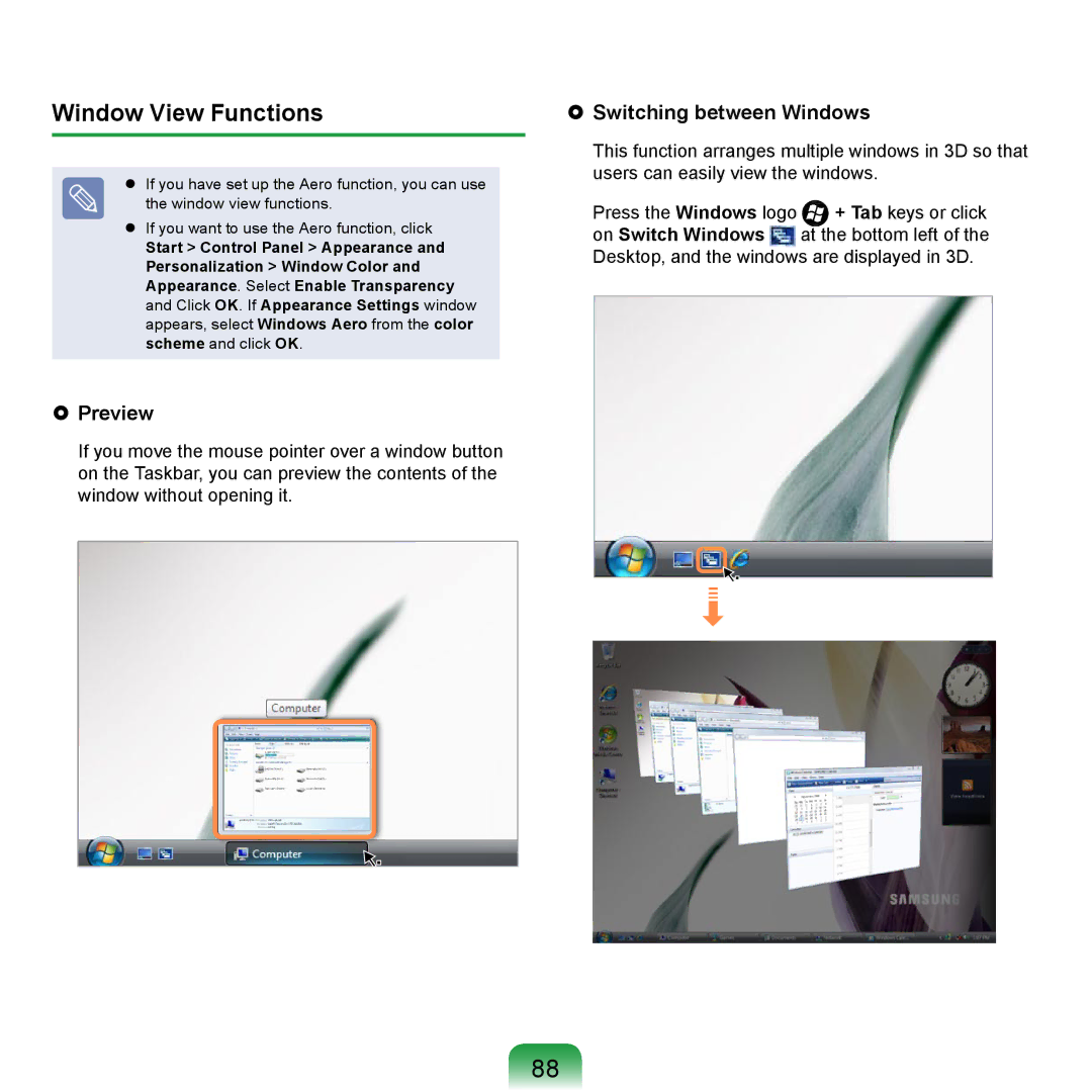 Samsung NP-R720-JS03DE, NP-R720-JS08DE, NP-R720-FS04DE, NP-R700-AS05DE, NP-R620-JS01TR manual Window View Functions,  Preview 