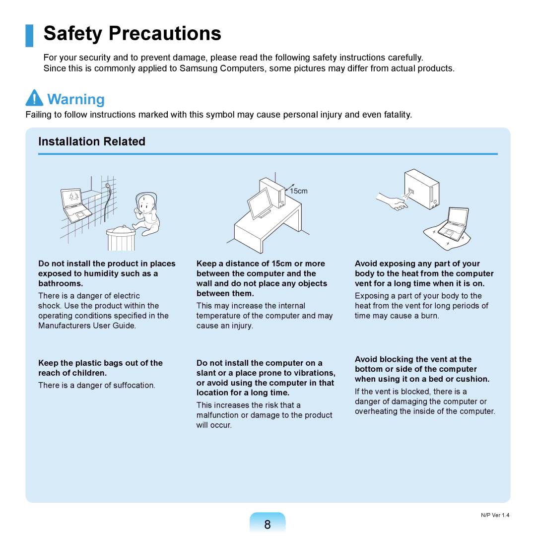 Samsung NP-X120-JA02DE manual Safety Precautions, Installation Related, Keep the plastic bags out of the reach of children 