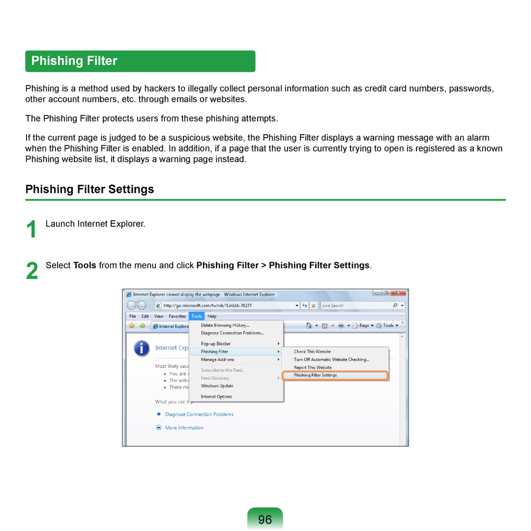 Samsung NP-X420-JA04DE, NP-R720-JS08DE, NP-R720-FS04DE, NP-R700-AS05DE, NP-R620-JS01TR manual Phishing Filter Settings 