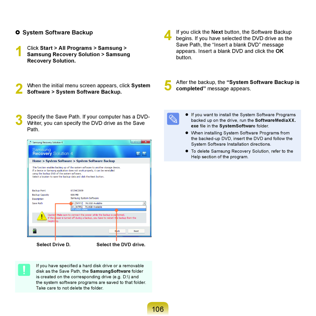 Samsung NP-R522-XS01UA, NP-R780-JS01UA, NP-R590-JS0YDE manual 106,  System Software Backup, Software System Software Backup 