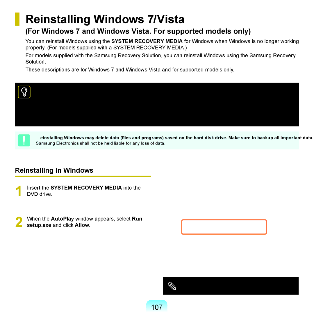 Samsung NP-R522-FS01DE, NP-R780-JS01UA, NP-R590-JS0YDE manual Reinstalling Windows 7/Vista, 107, Reinstalling in Windows 