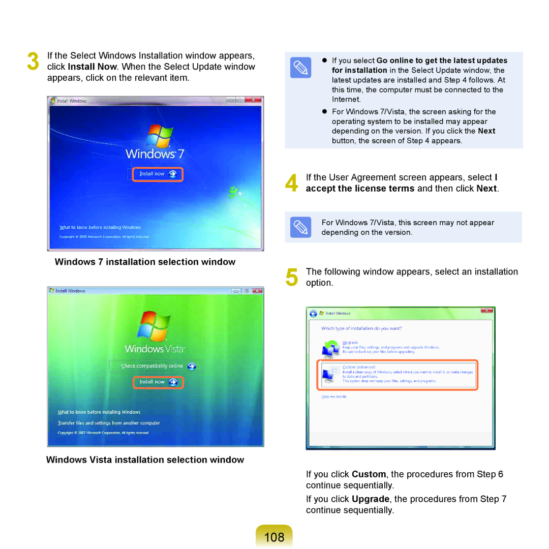 Samsung NP-R580-JT05DE manual 108, Windows 7 installation selection window, Windows Vista installation selection window 