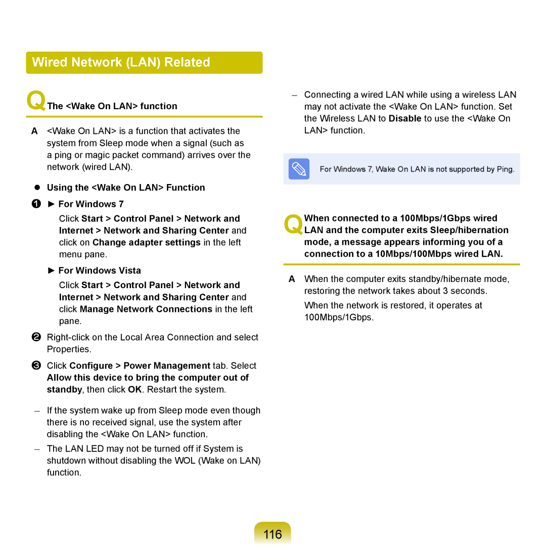 Samsung NP-RV515-S05DE, NP-R780-JS01UA, NP-R590-JS0YDE manual Wired Network LAN Related, 116, QThe Wake On LAN function 