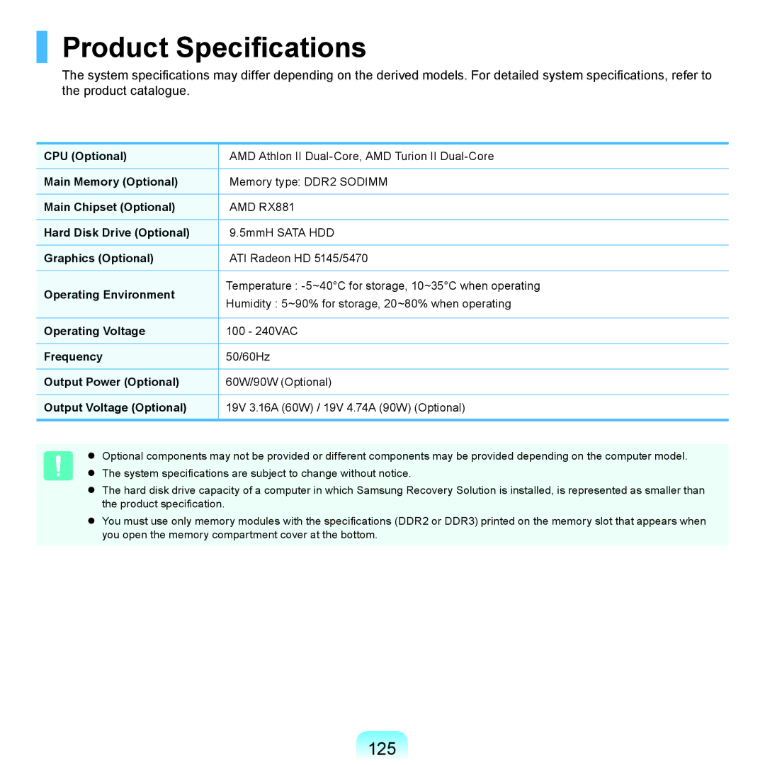 Samsung NP-RC520-S03DE, NP-R780-JS01UA, NP-R590-JS0YDE, NP-R580-JT03DE, NP-R560-AS0JDE manual Product Specifications, 125 