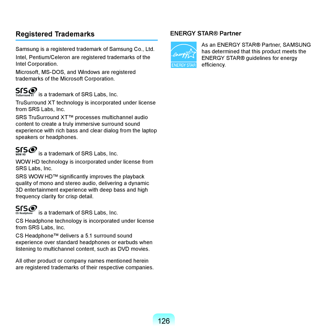 Samsung NP-R780-JT04DE, NP-R780-JS01UA, NP-R590-JS0YDE, NP-R580-JT03DE manual 126, Registered Trademarks, Energy Star Partner 