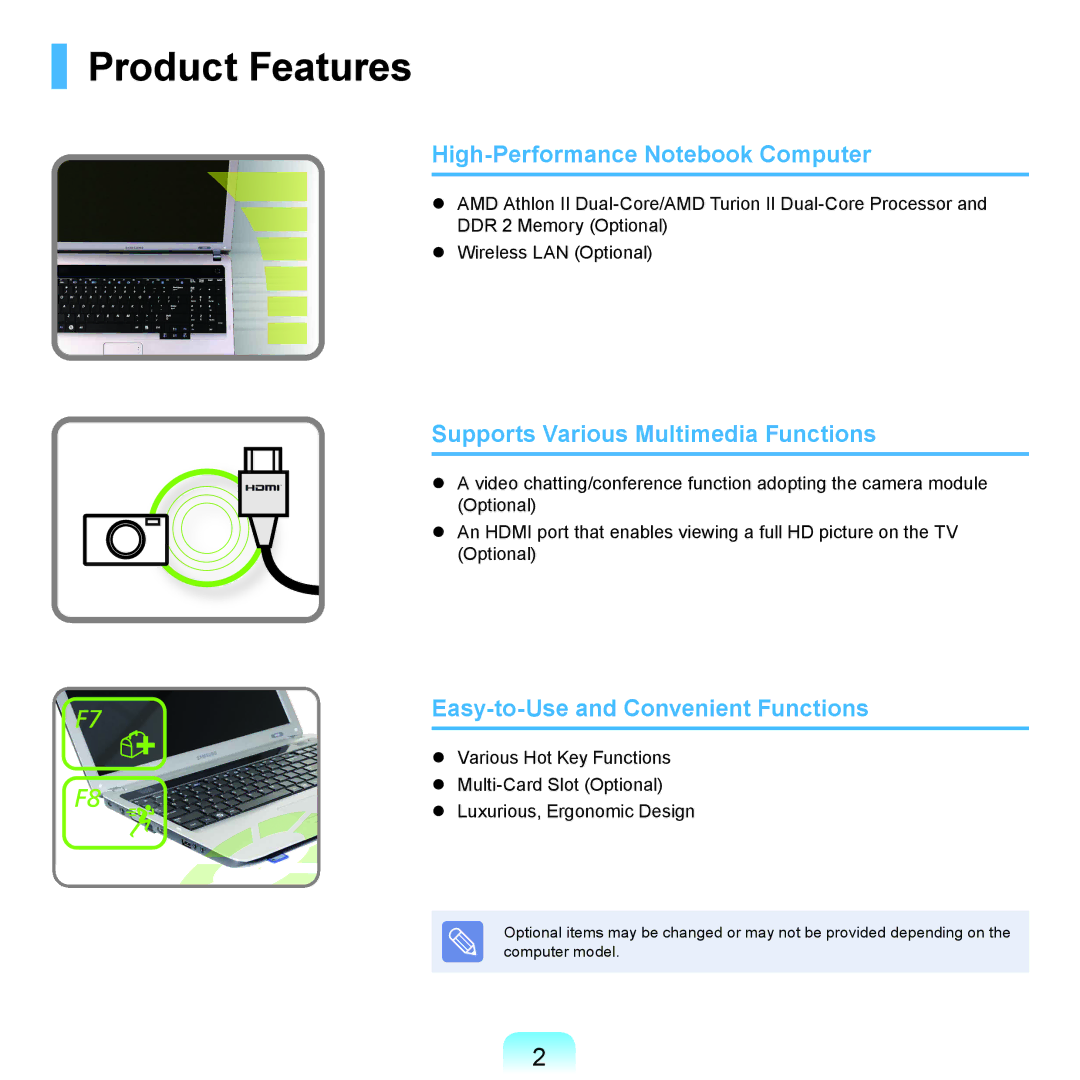 Samsung NP-R580-JT03DE manual Product Features, High-Performance Notebook Computer, Supports Various Multimedia Functions 