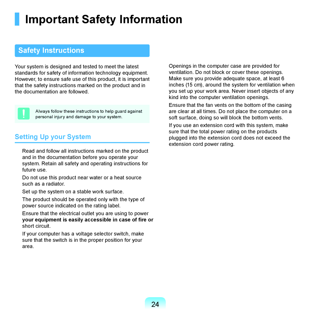 Samsung NP-Q210-FA03DE, NP-R780-JS01UA manual Important Safety Information, Safety Instructions, Setting Up your System 