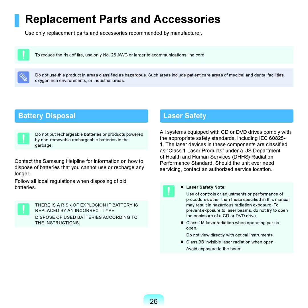 Samsung NP-R522-FS04DE, NP-R780-JS01UA manual Replacement Parts and Accessories, Battery Disposal,  Laser Safety Note 